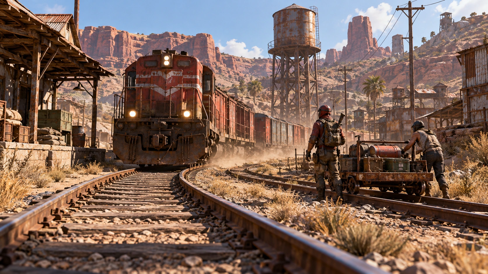 Rust çöl tren istasyonunda lokomotif ve oyuncular